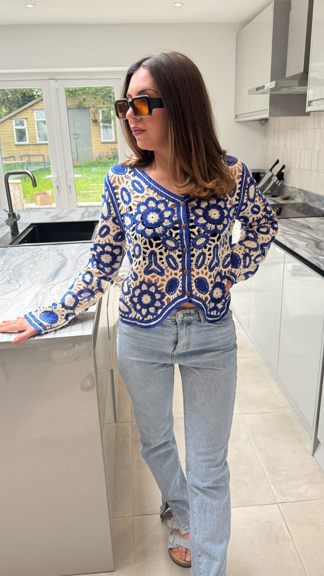 BLUE CROCHET FLOWER CARDIGAN
