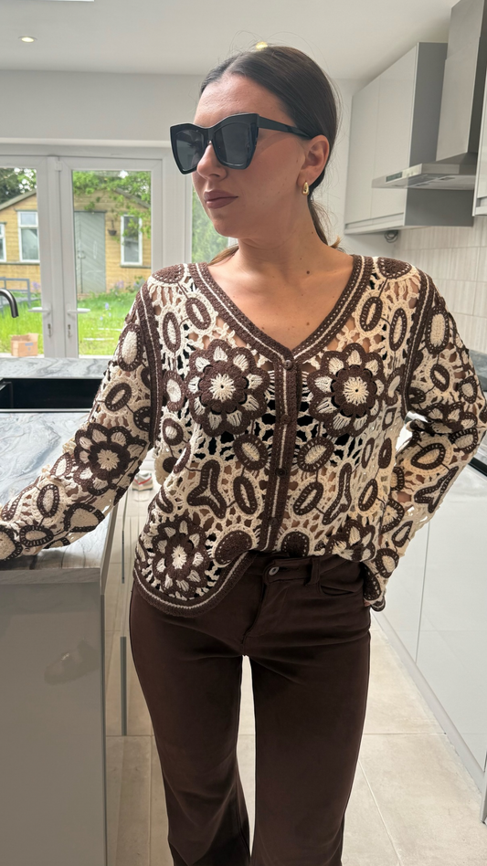 BROWN CROCHET FLOWER CARDIGAN