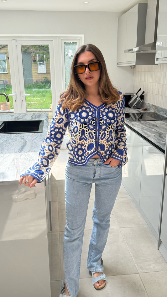 BLUE CROCHET FLOWER CARDIGAN