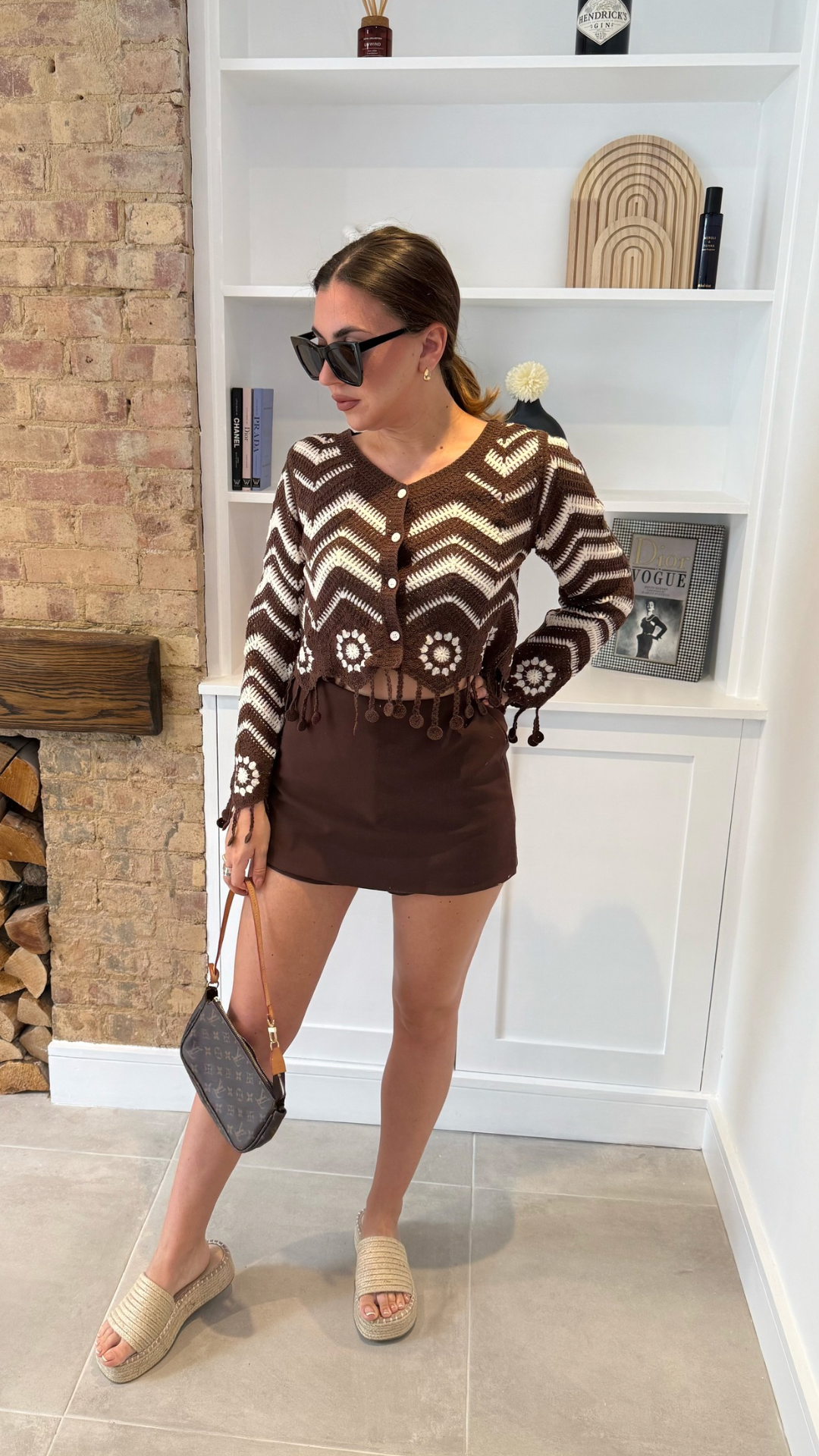 CROCHET TASSEL HEM CARDIGAN BROWN