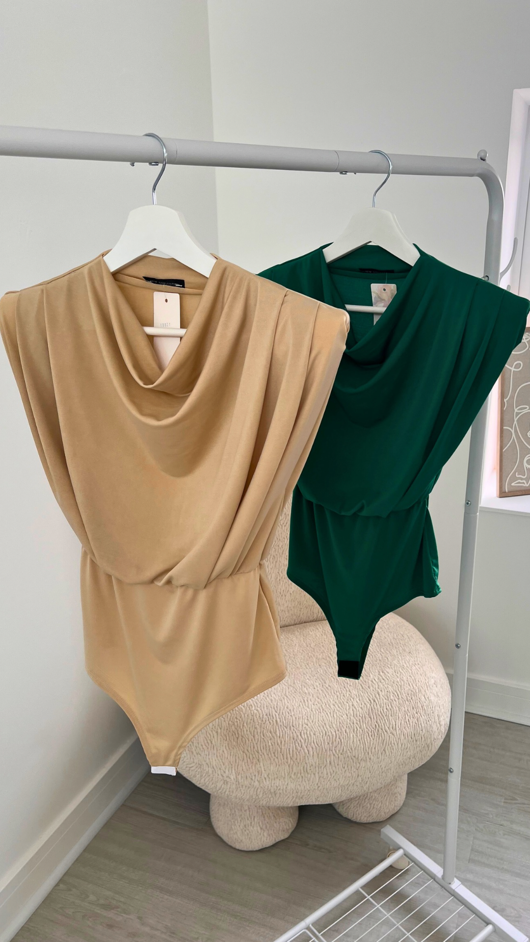 GREEN COWL NECK SHOULDER PAD BODYSUIT