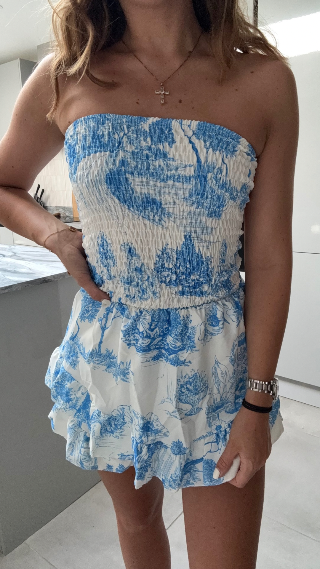 Porcelain Print Shirred Bardot Playsuit