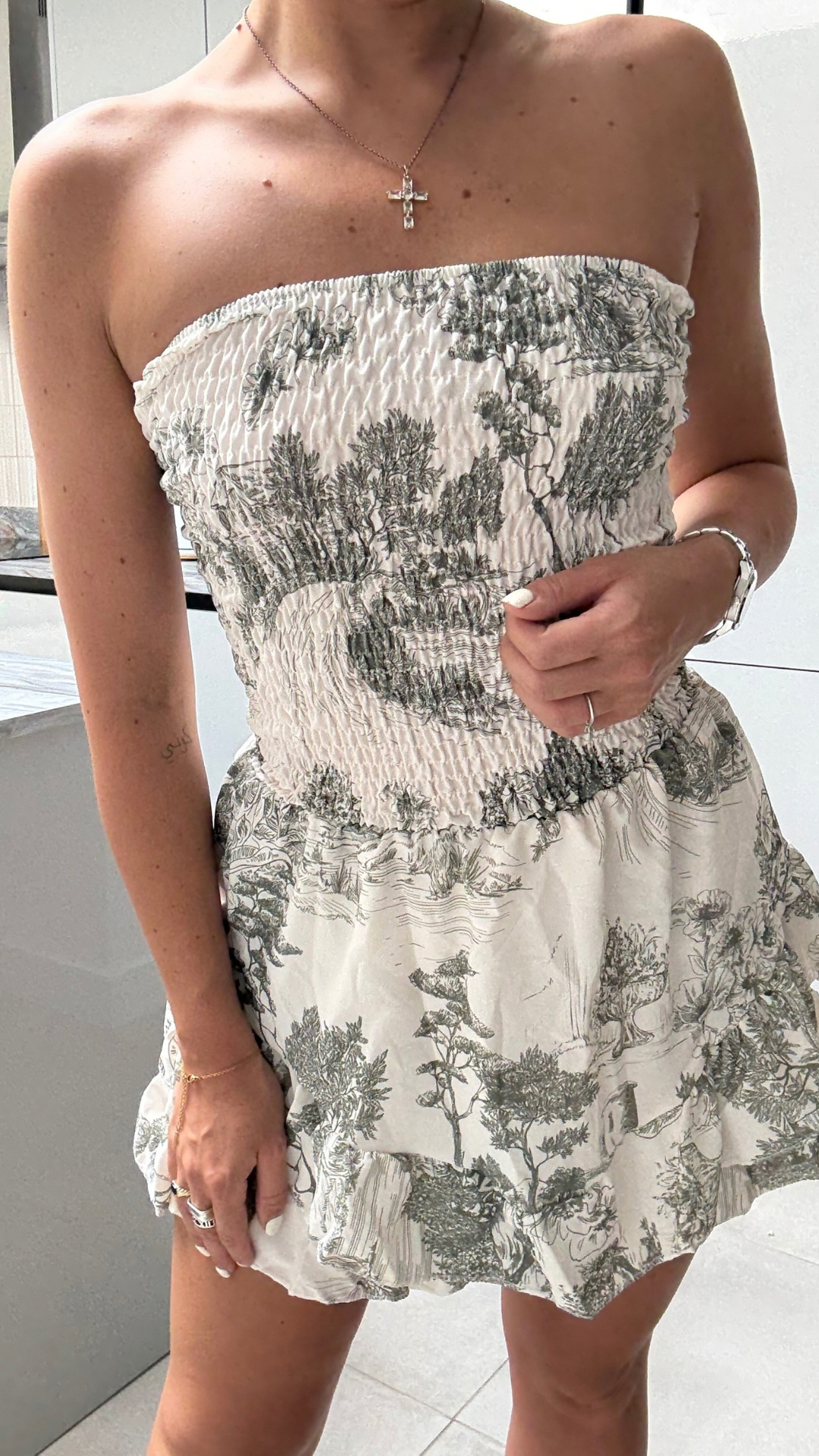 Porcelain Print Shirred Bardot Playsuit