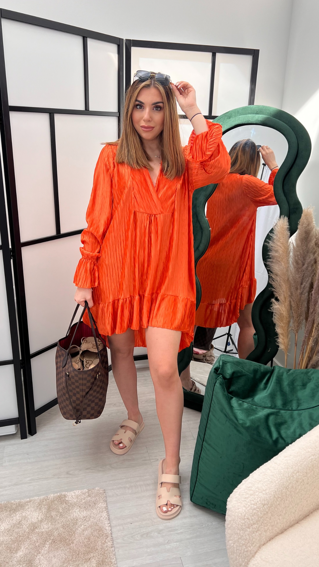 ORANGE CRINKLED SHINY DRESS OVERSIZED