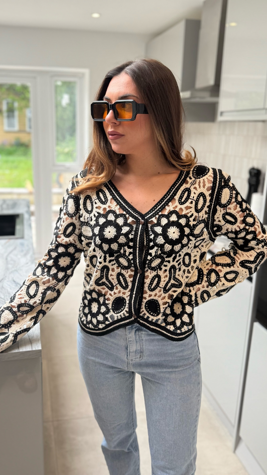 BLACK CROCHET FLOWER CARDIGAN