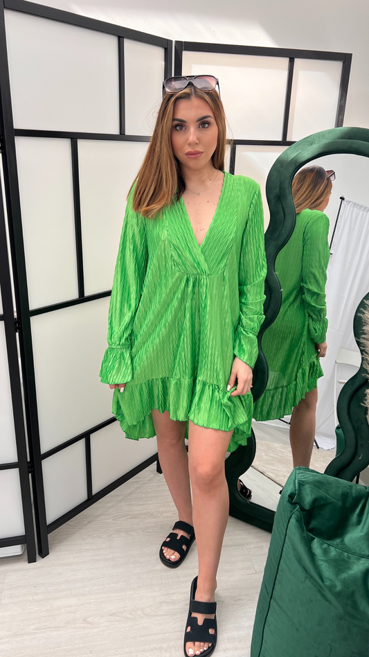 GREEN CRINKLED SHINY DRESS OVERSIZED