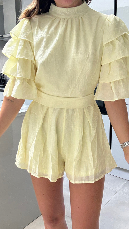 Lemon Frill Sleeve Chiffon Cut Out Back Playsuit